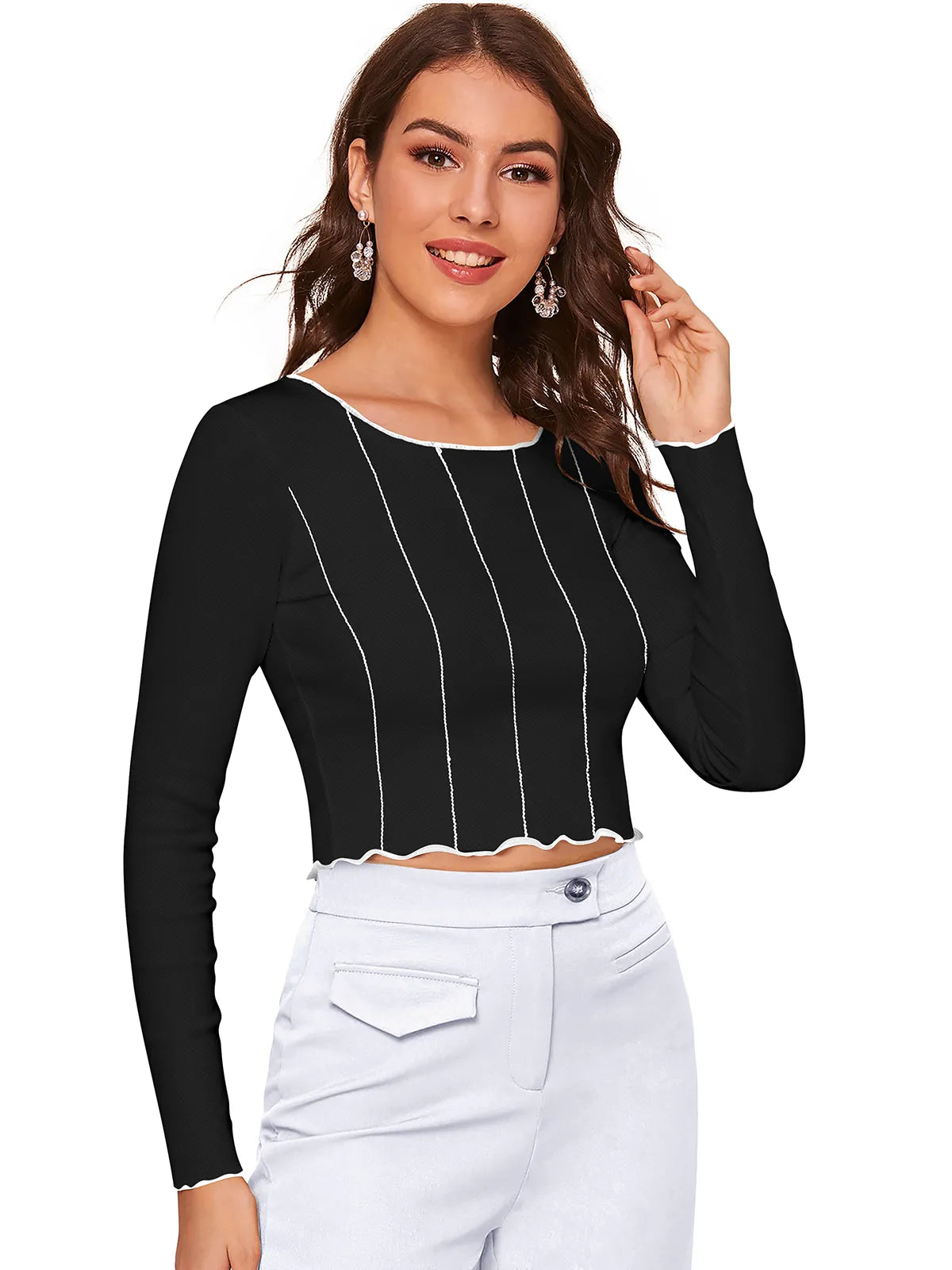 Scallop-Trim Contrast Stitch Top
