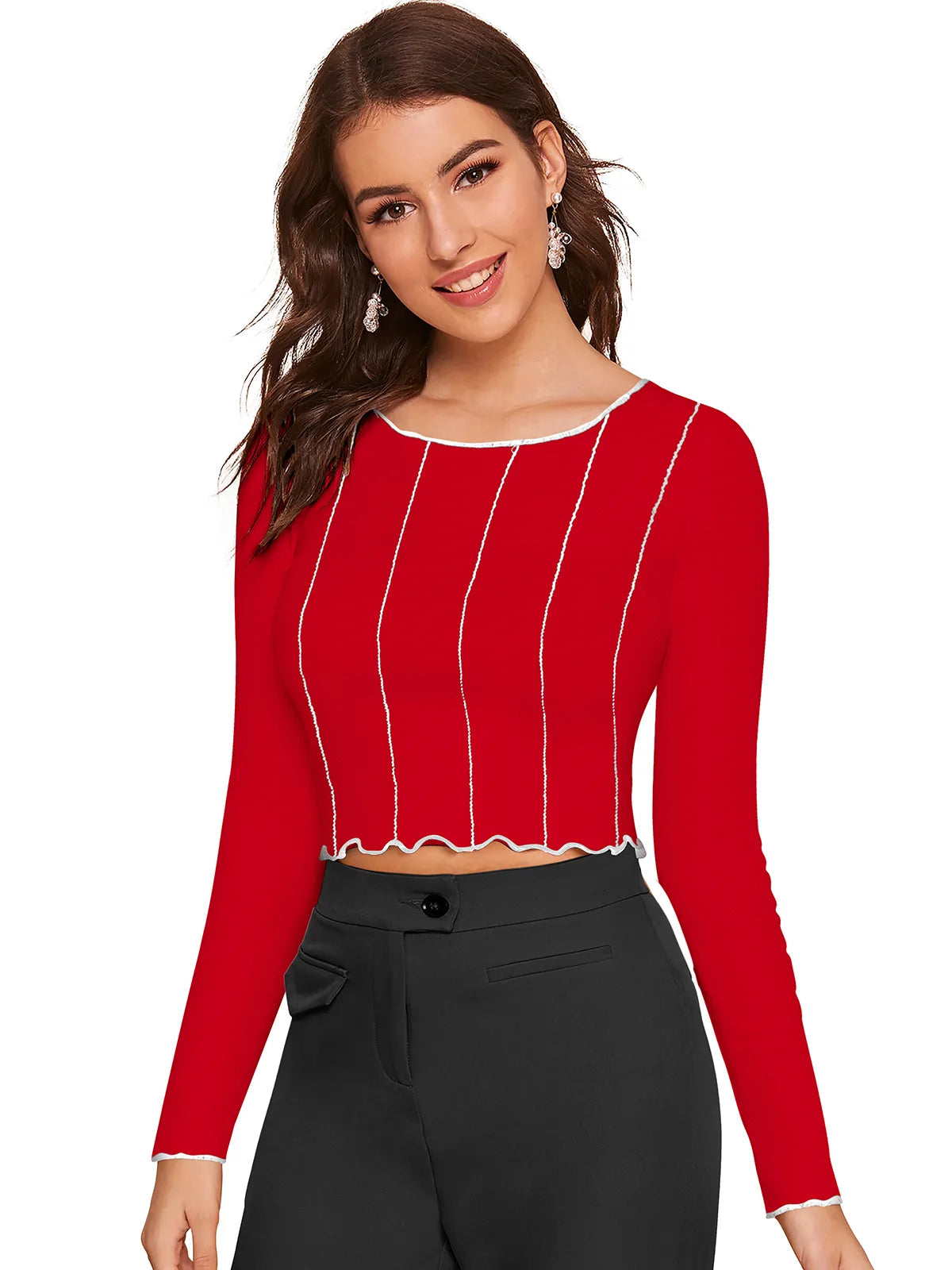 Scallop-Trim Contrast Stitch Top