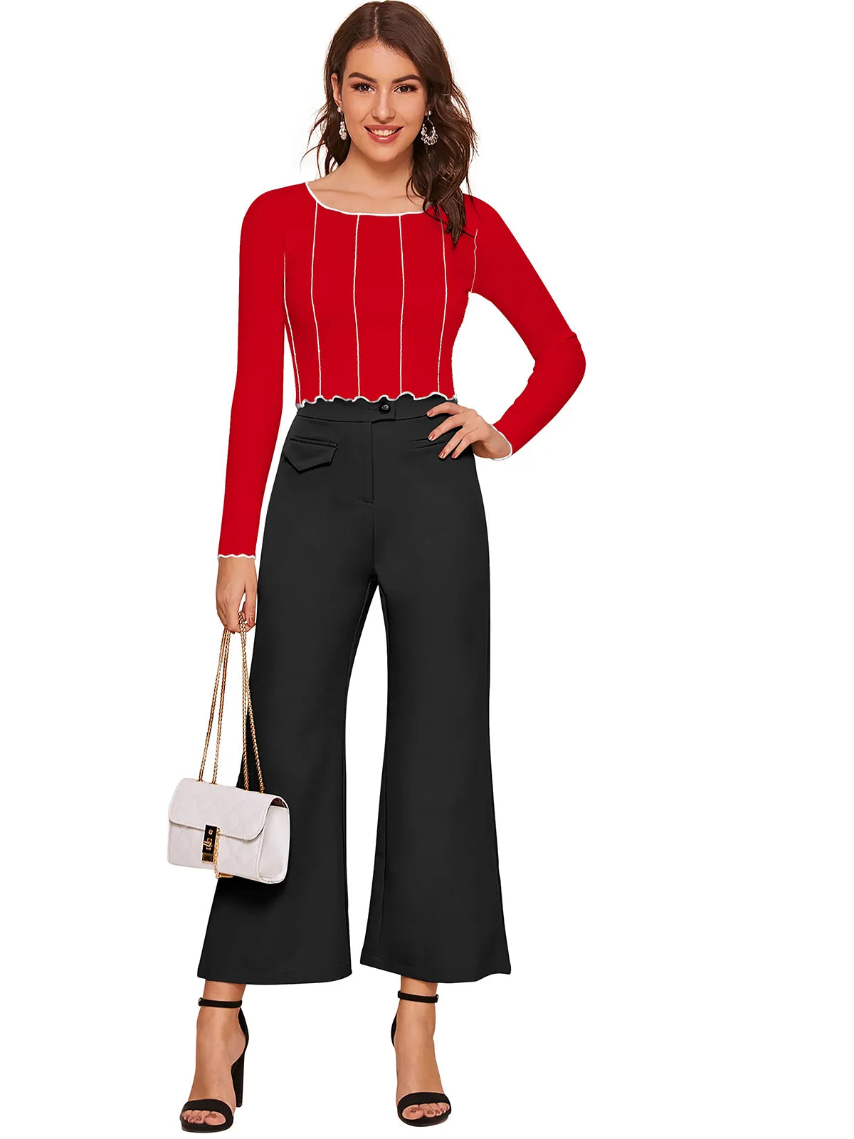 Scallop-Trim Contrast Stitch Top