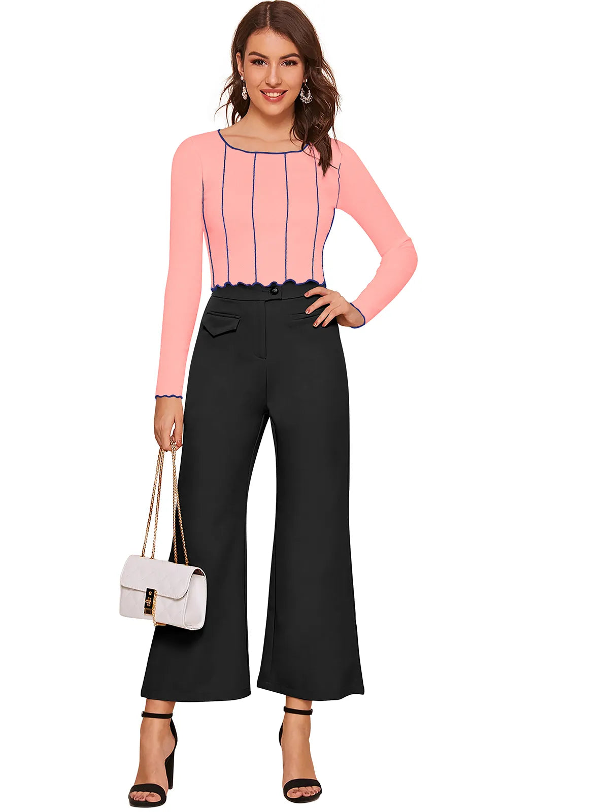 Scallop-Trim Contrast Stitch Top