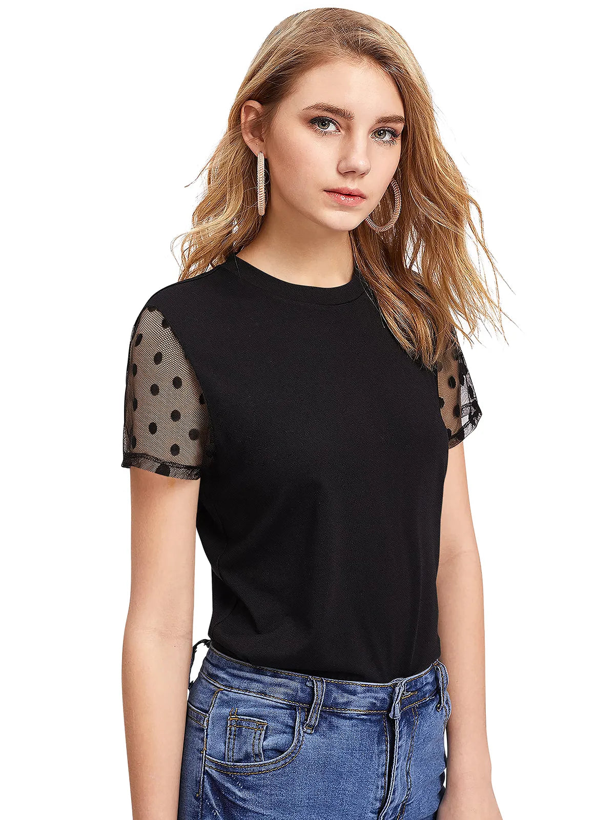 Top with Sheer Polka Dot Sleeves