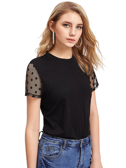 Top with Sheer Polka Dot Sleeves