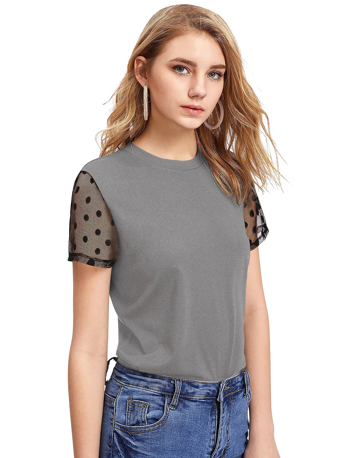 Top with Sheer Polka Dot Sleeves