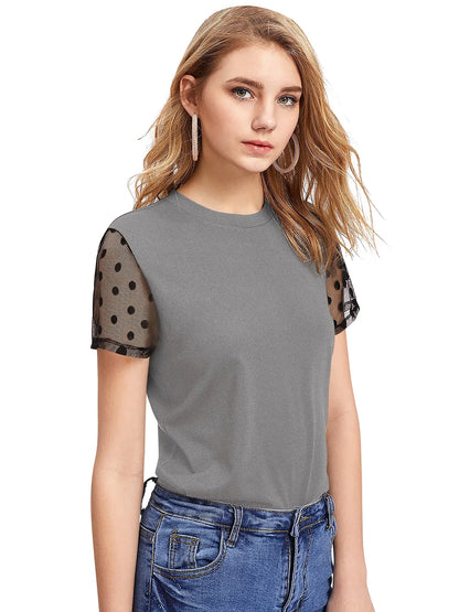 Top with Sheer Polka Dot Sleeves