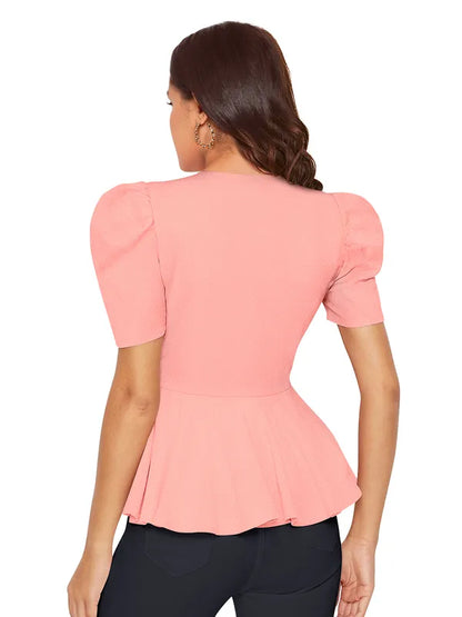 Pink Peplum Top with Puff Sleeves and Stripe Detail