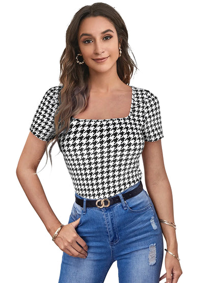 Houndstooth Square-Neck Top