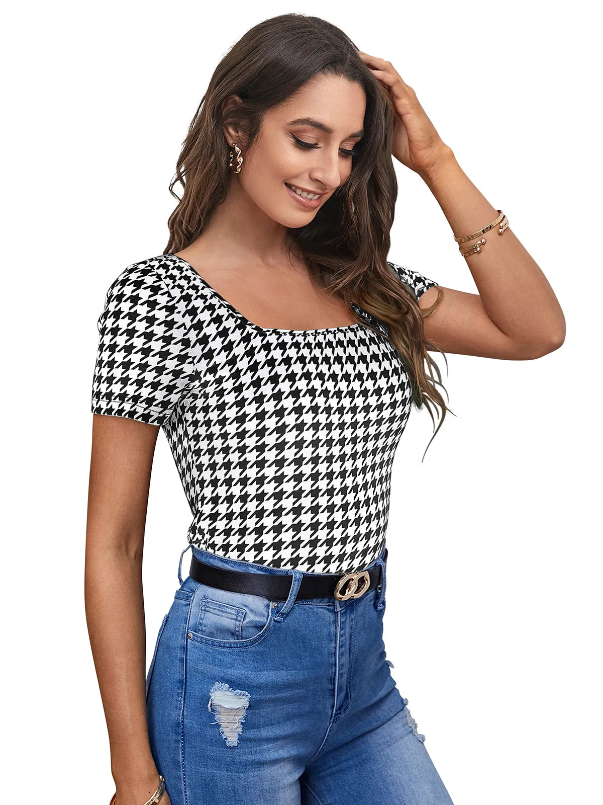 Houndstooth Square-Neck Top