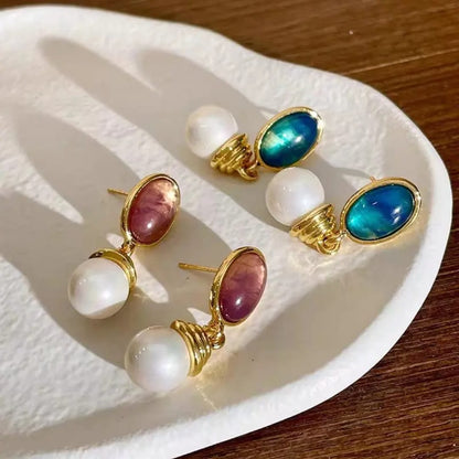 Gemstone & Pearl Drop Earrings - Set of 4