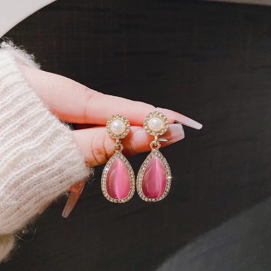 Pearl & Pink Teardrop Crystal  Earrings