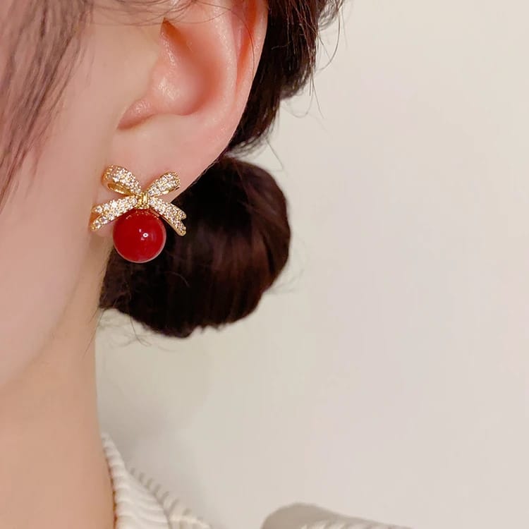 Red Bow Crystal Stud Earrings