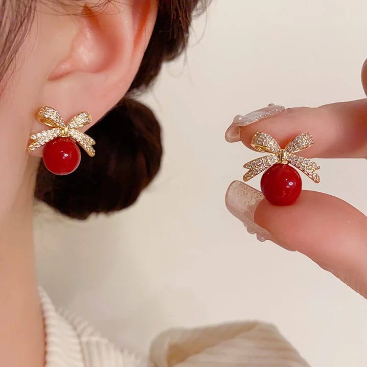Red Bow Crystal Stud Earrings