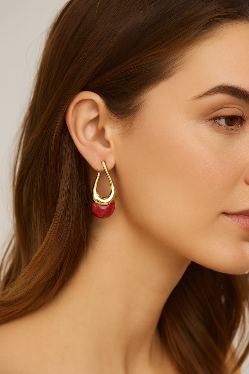 Golden Teardrop Hoop Earrings with Polished Inlay