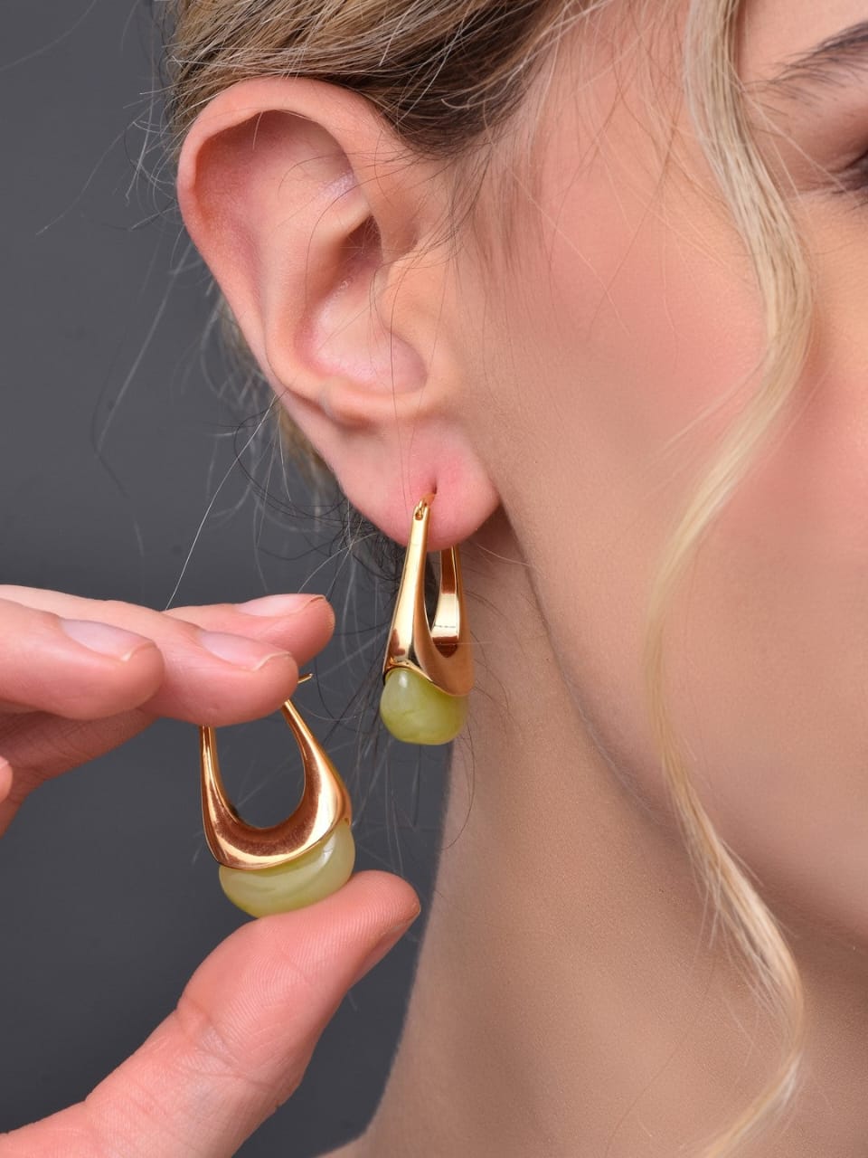 Golden Teardrop Hoop Earrings with Polished Inlay