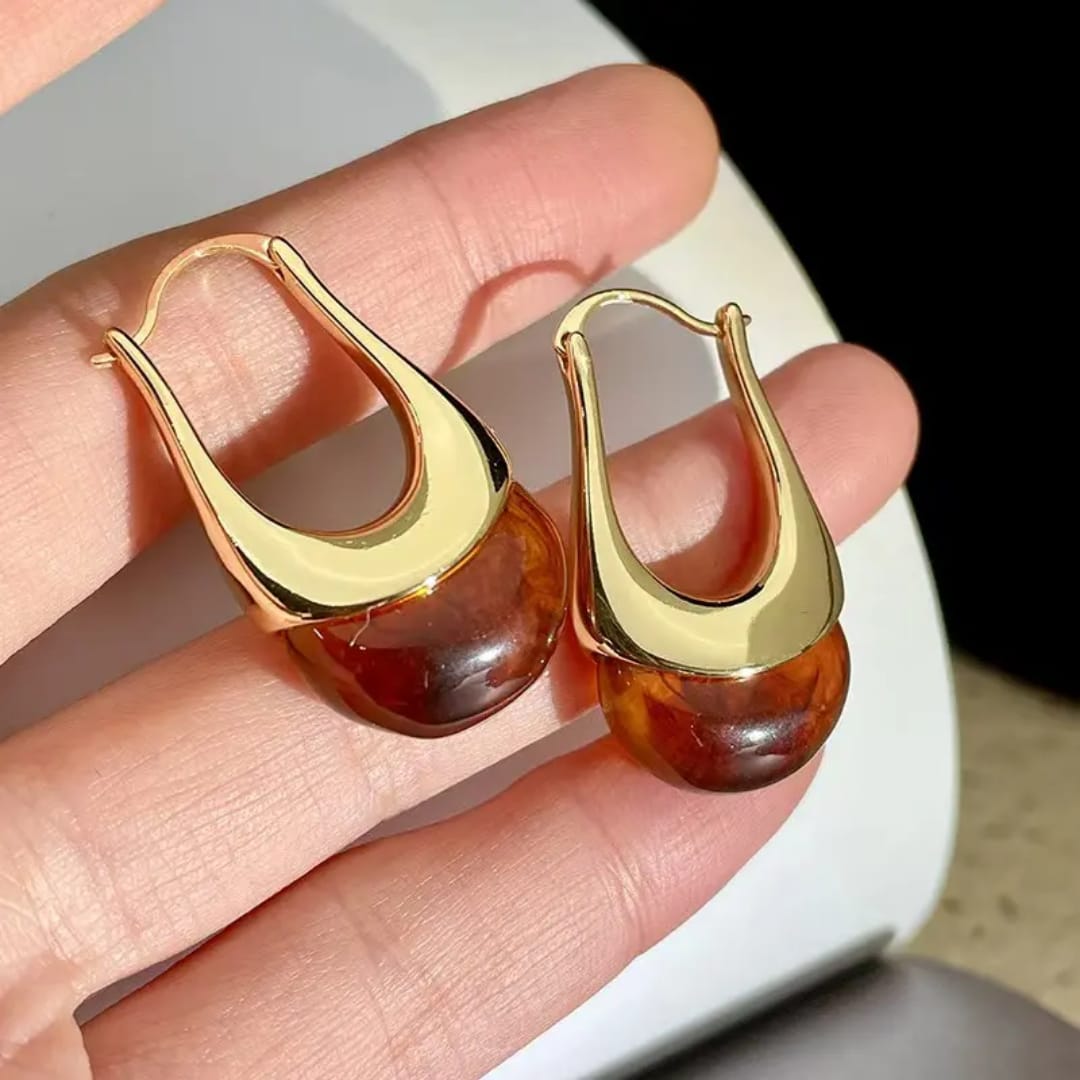 Golden Teardrop Hoop Earrings with Polished Inlay