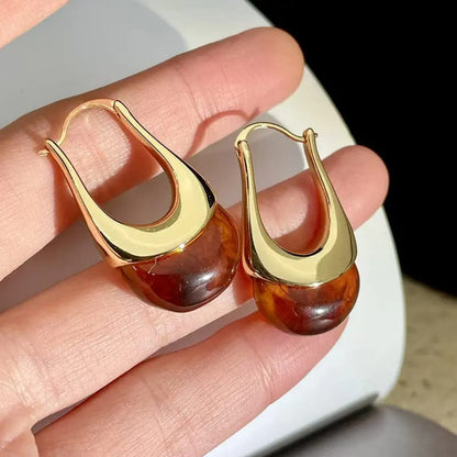 Golden Teardrop Hoop Earrings with Polished Inlay