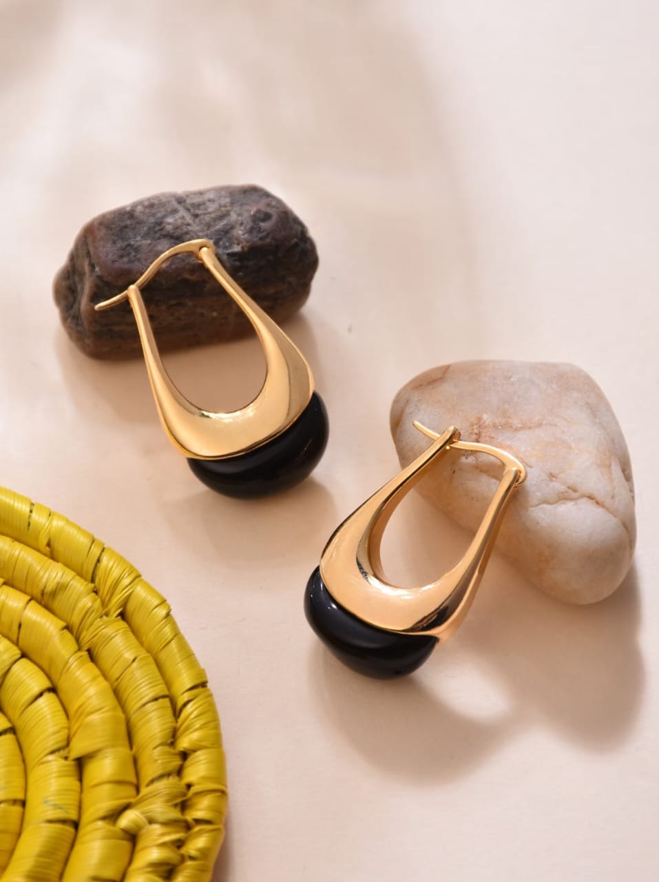 Golden Teardrop Hoop Earrings with Polished Inlay