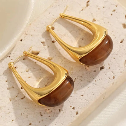 Golden Teardrop Hoop Earrings with Polished Inlay