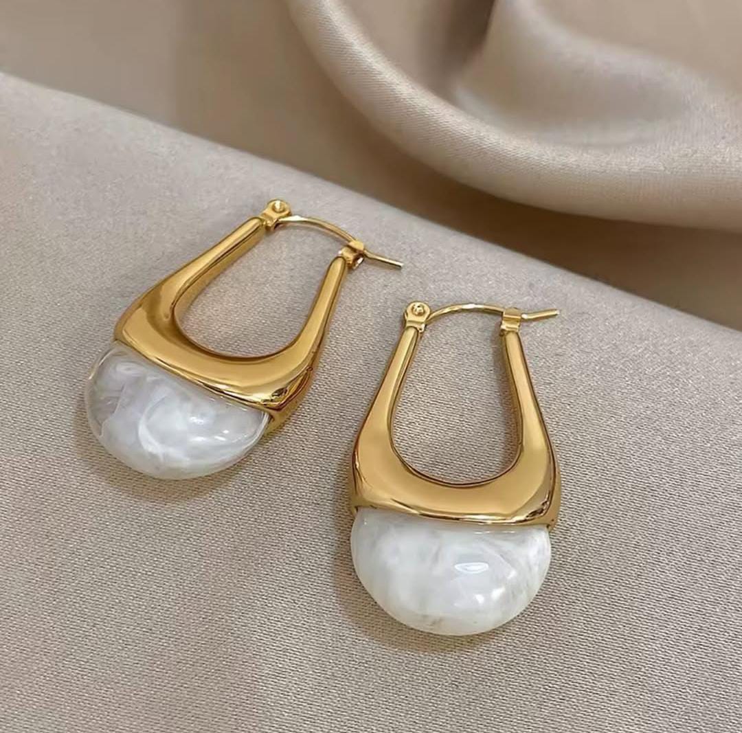 Golden Teardrop Hoop Earrings with Polished Inlay
