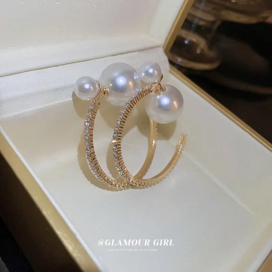 Curved Gold & Pearl Drop Earrings