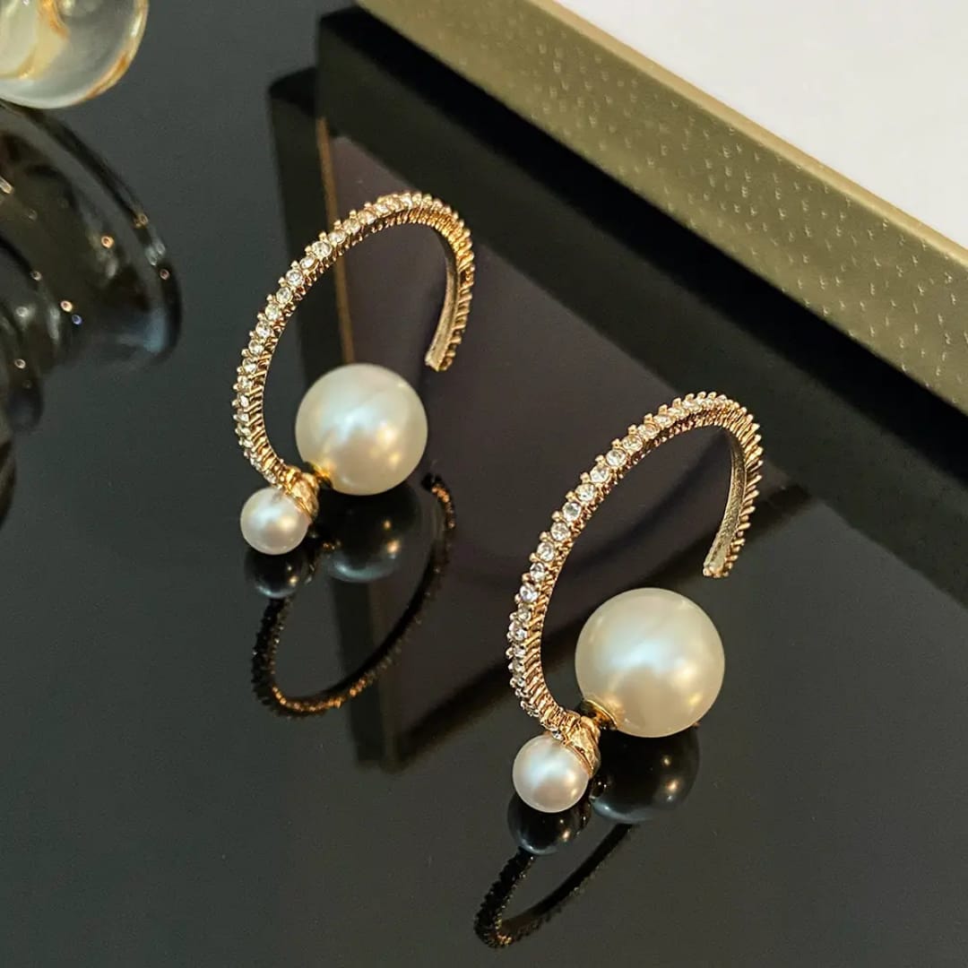 Curved Gold & Pearl Drop Earrings