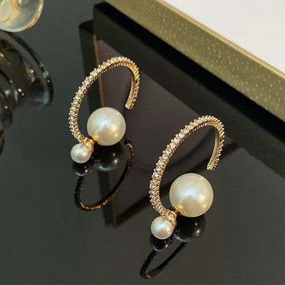Curved Gold & Pearl Drop Earrings