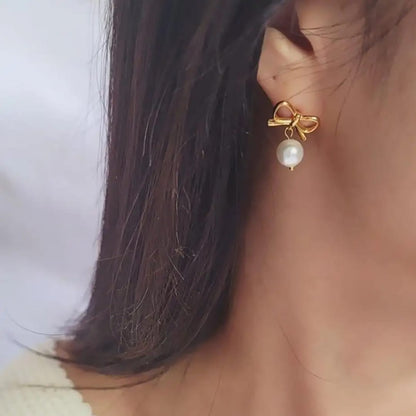 Gold Bow & Pearl Drop Earrings