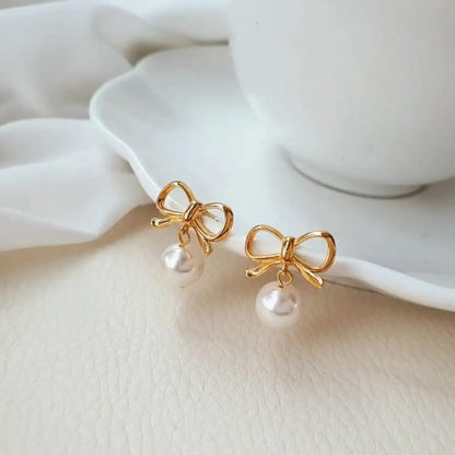 Gold Bow & Pearl Drop Earrings