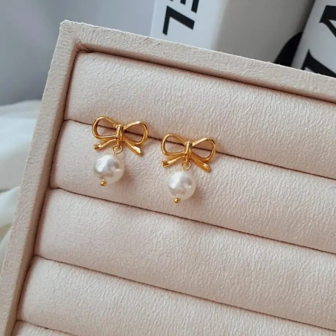 Gold Bow & Pearl Drop Earrings