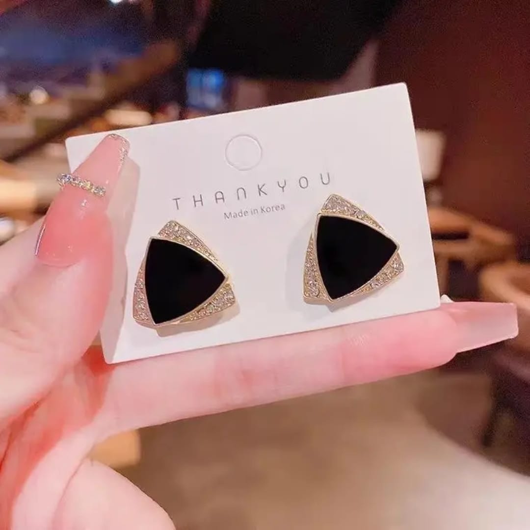 Black Enamel & Gold Triangle Stud Earrings