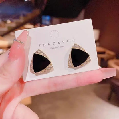 Black Enamel & Gold Triangle Stud Earrings