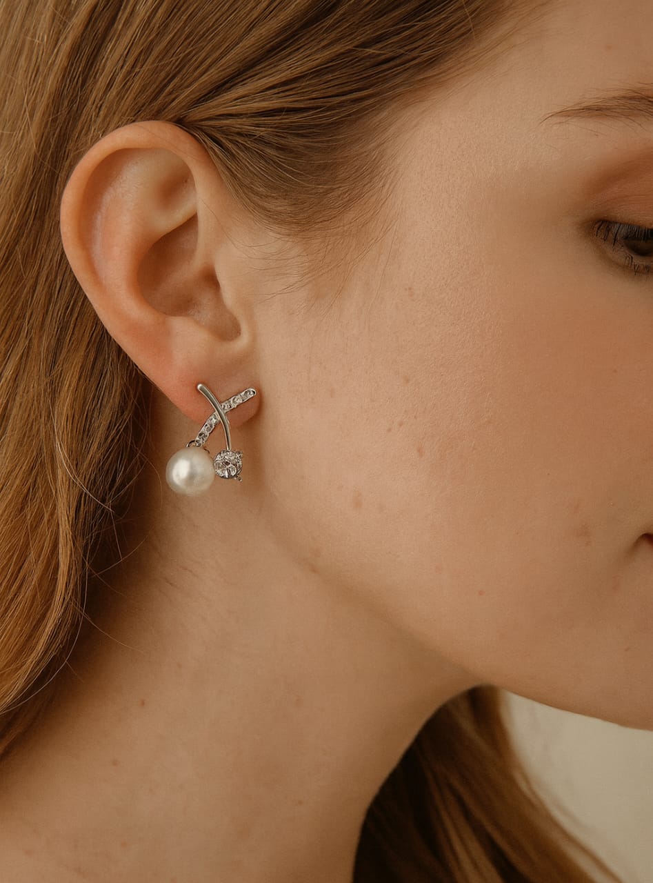 Pearl & Zirconia Arc Stud Earrings