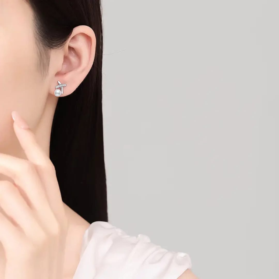 Pearl & Zirconia Arc Stud Earrings