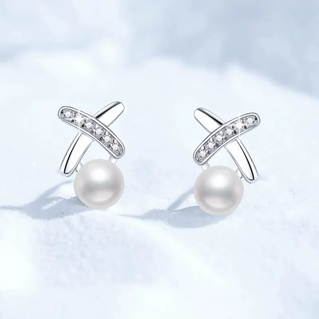 Pearl & Zirconia Arc Stud Earrings