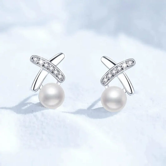 Pearl & Zirconia Arc Stud Earrings