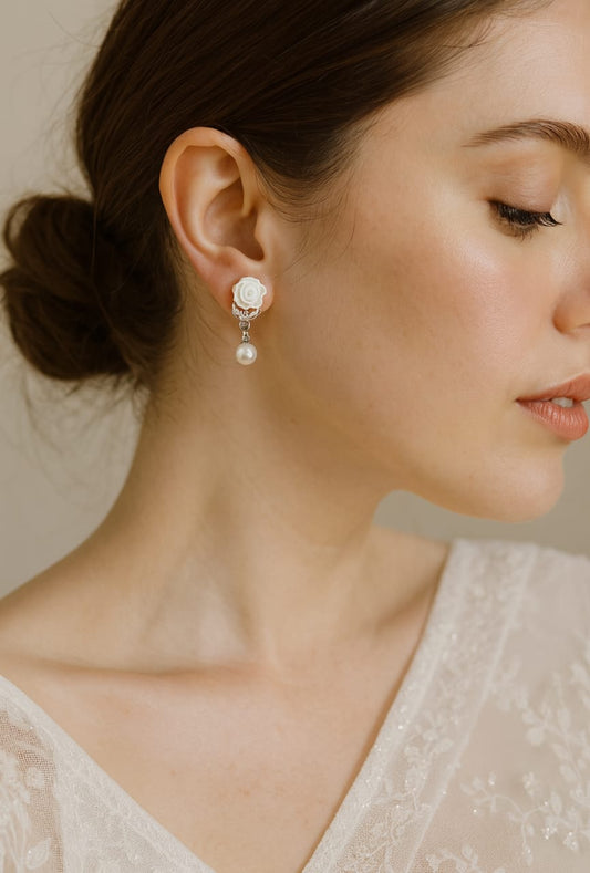 White Rose Pearl Drop  Earrings
