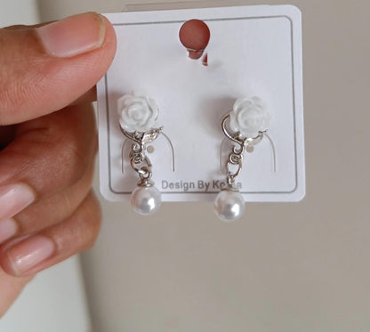 White Rose Pearl Drop  Earrings