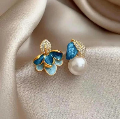 Blue & Pearl Floral Earrings