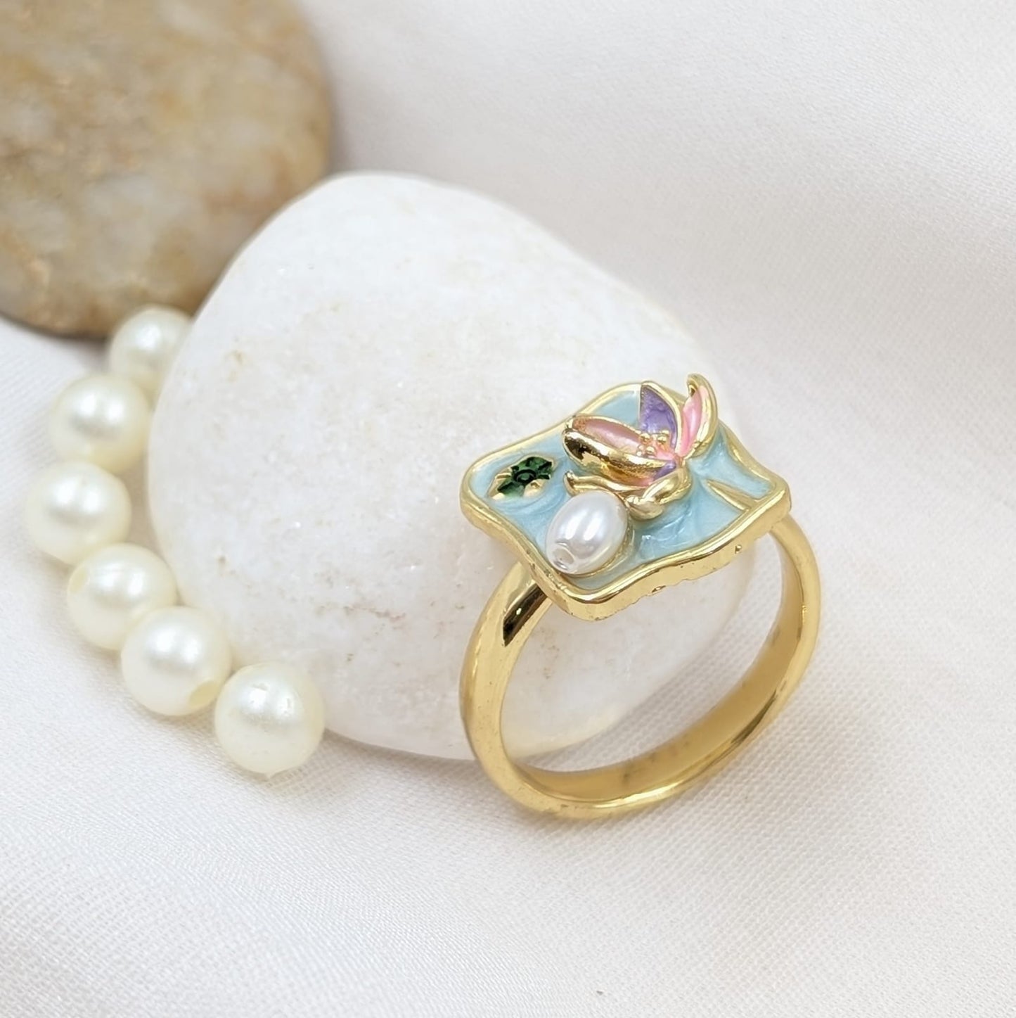 Blue Enamel Lotus Ring