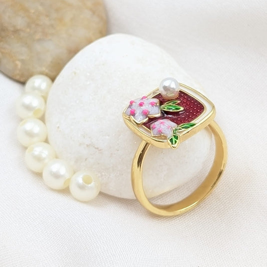 Red Enamel Floral Ring