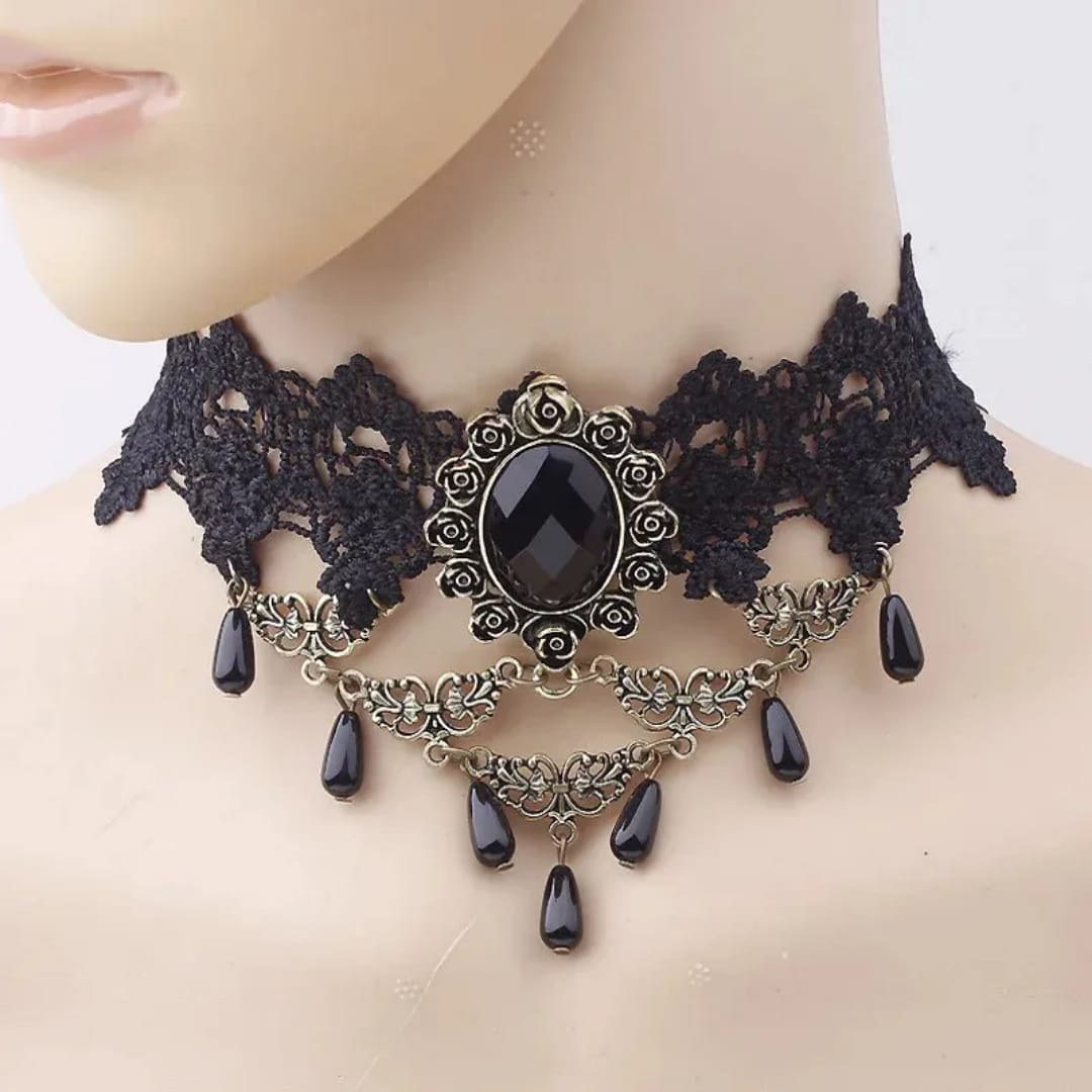 Victorian Noir Lace Choker with Teardrop Pendants