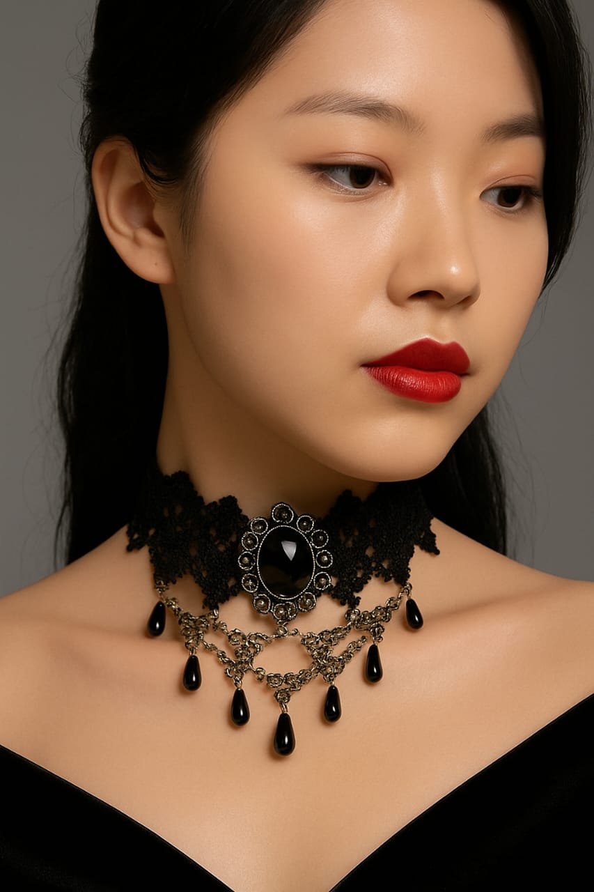 Victorian Noir Lace Choker with Teardrop Pendants