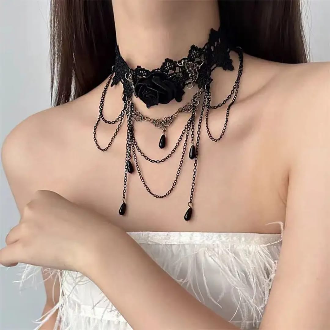 Black Lace Choker with Rose & Chain Detail – Adjustable Fit