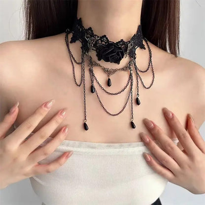Black Lace Choker with Rose & Chain Detail – Adjustable Fit