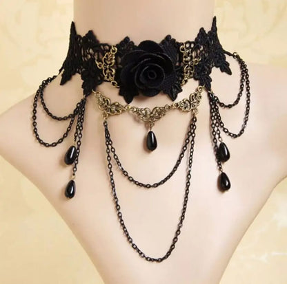Black Lace Choker with Rose & Chain Detail – Adjustable Fit