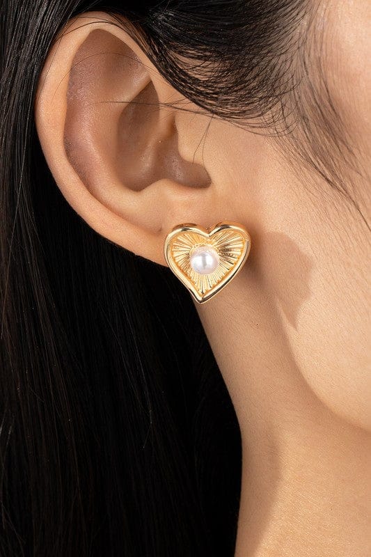 Golden Heart Pearl Stud Earrings