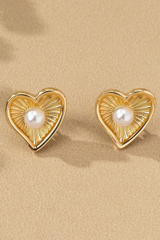 Golden Heart Pearl Stud Earrings
