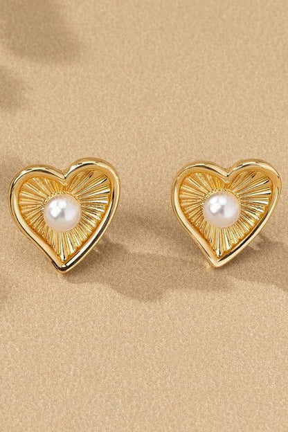 Golden Heart Pearl Stud Earrings