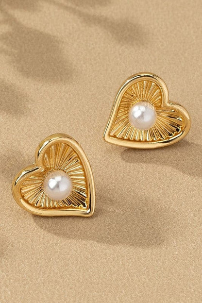 Golden Heart Pearl Stud Earrings