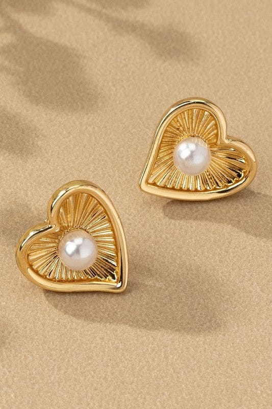 Golden Heart Pearl Stud Earrings