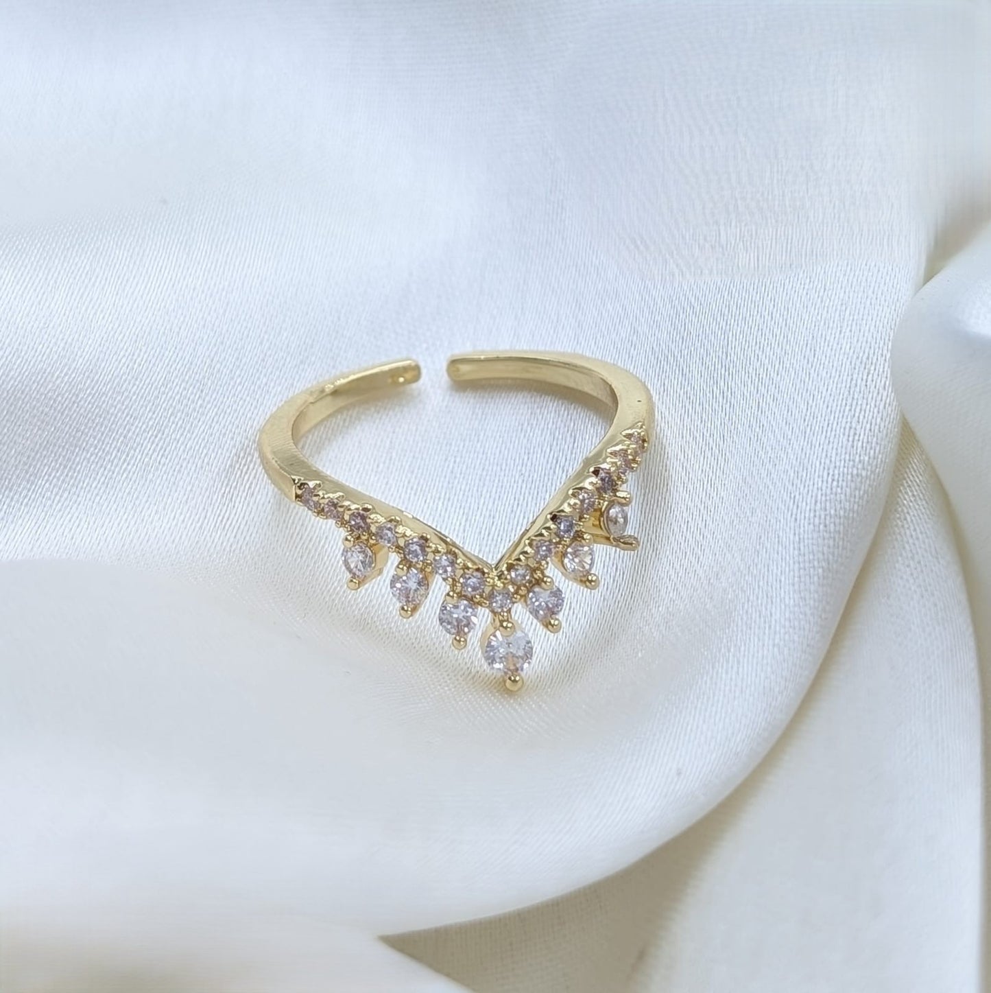 Celestial Curve V-Shaped Gold Ring with Dangling Stones